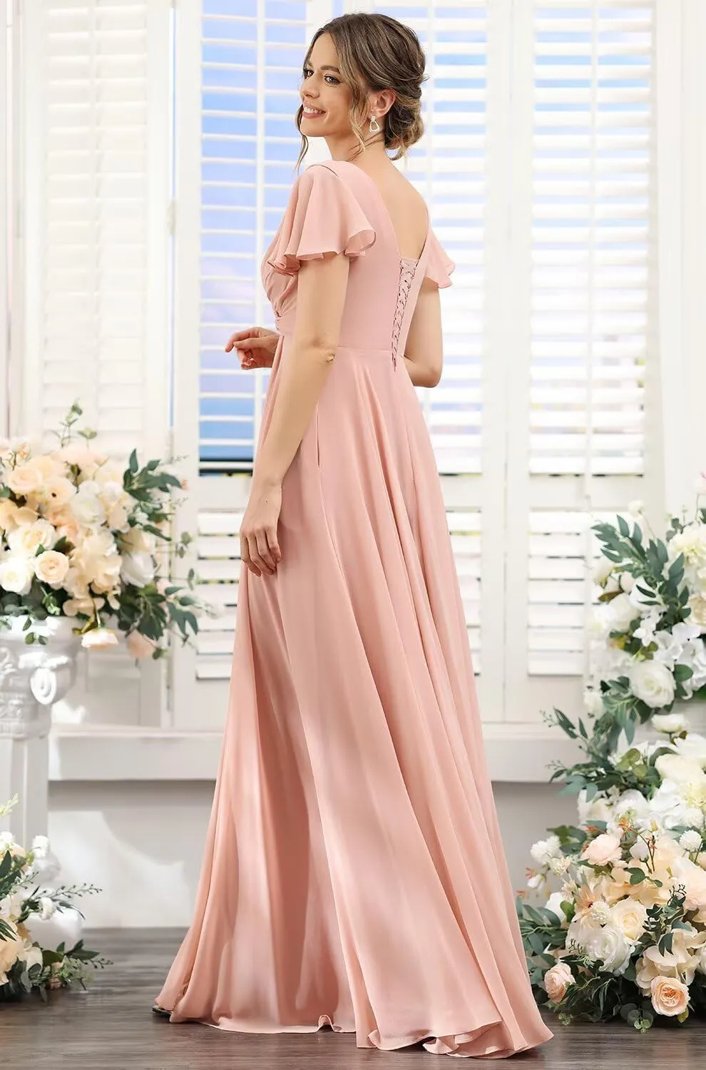 Stylefun Women's Chiffon Hi-Lo Bridesmaid Dresses Long Flutter Sleeves Formal Evening Gowns CYM282