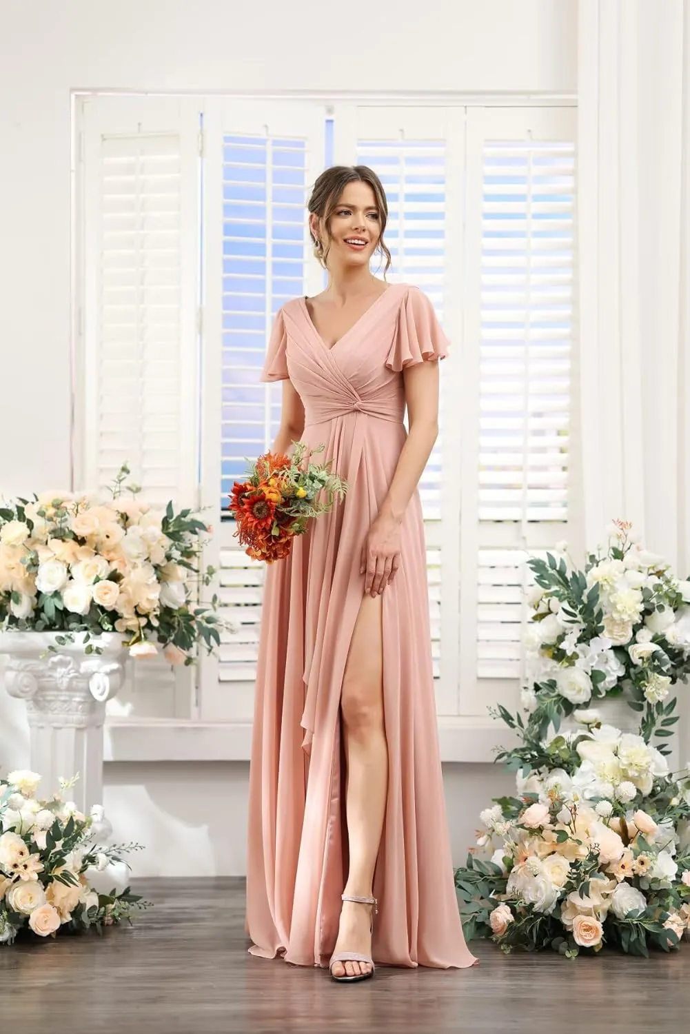 Stylefun Women's Chiffon Hi-Lo Bridesmaid Dresses Long Flutter Sleeves Formal Evening Gowns CYM282