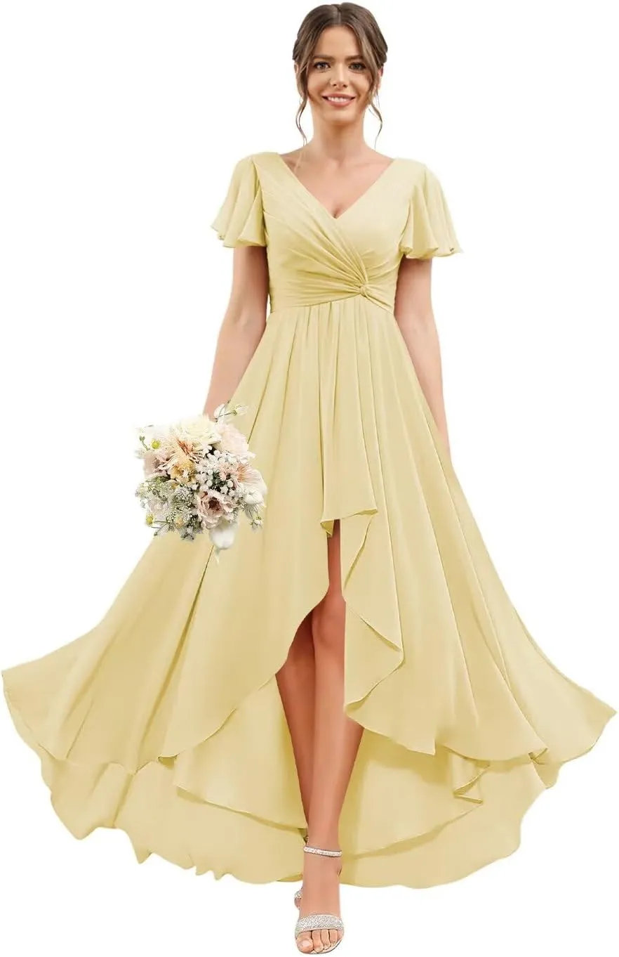 Stylefun Women's Chiffon Hi-Lo Bridesmaid Dresses Long Flutter Sleeves Formal Evening Gowns CYM282