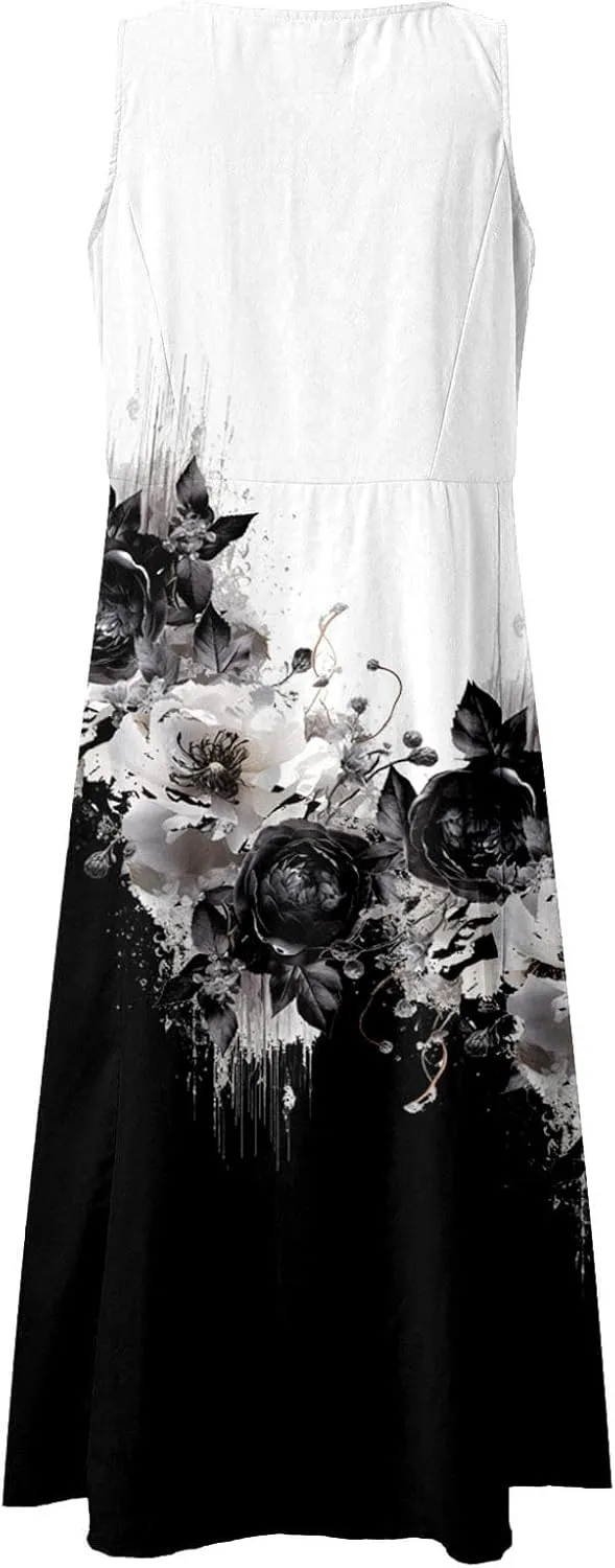Summer Dresses for Women 2024 Vacation Linen Sleeveless Boho Floral Print Beach Sundress Casual Baggy Maxi Dress with Pockets