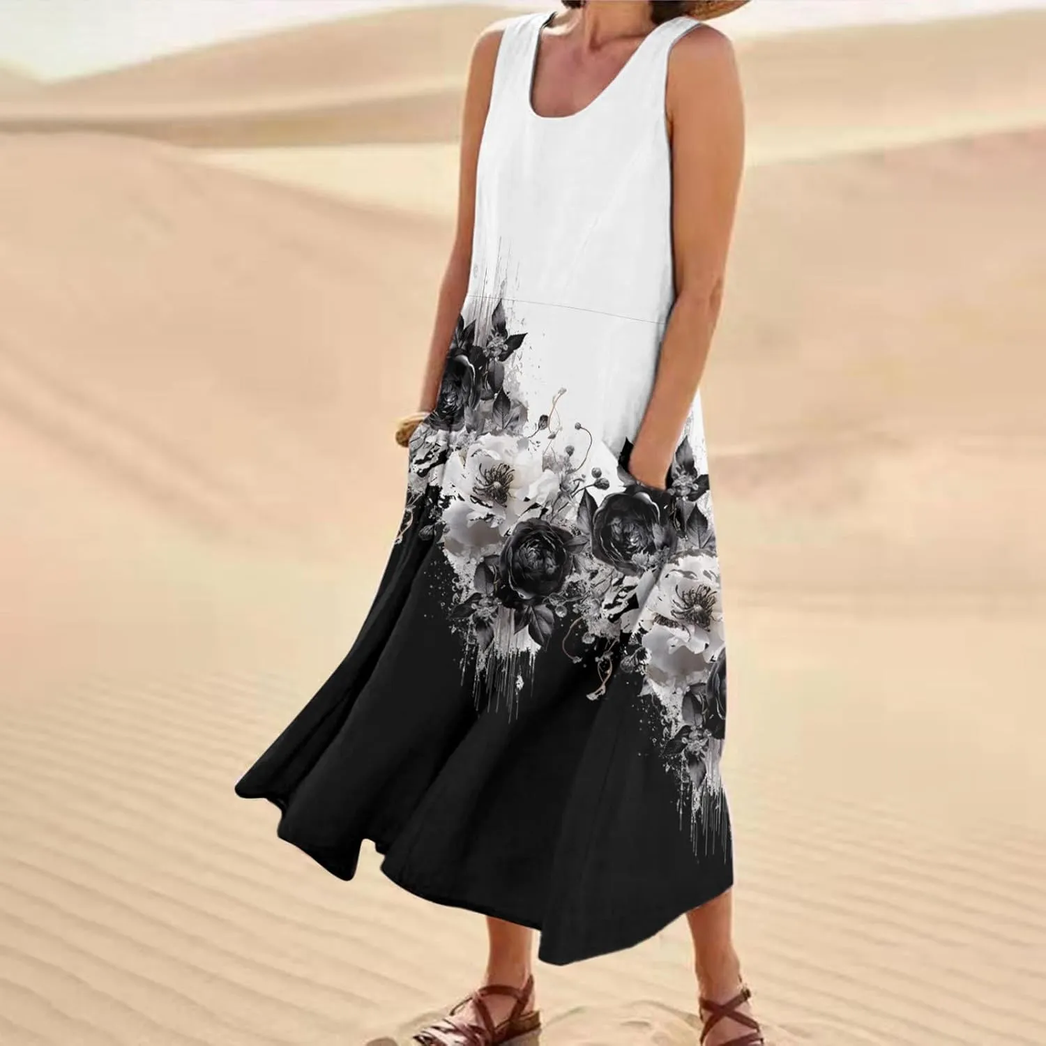 Summer Dresses for Women 2024 Vacation Linen Sleeveless Boho Floral Print Beach Sundress Casual Baggy Maxi Dress with Pockets