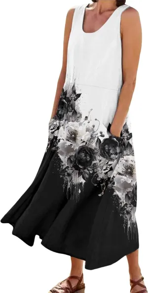 Summer Dresses for Women 2024 Vacation Linen Sleeveless Boho Floral Print Beach Sundress Casual Baggy Maxi Dress with Pockets