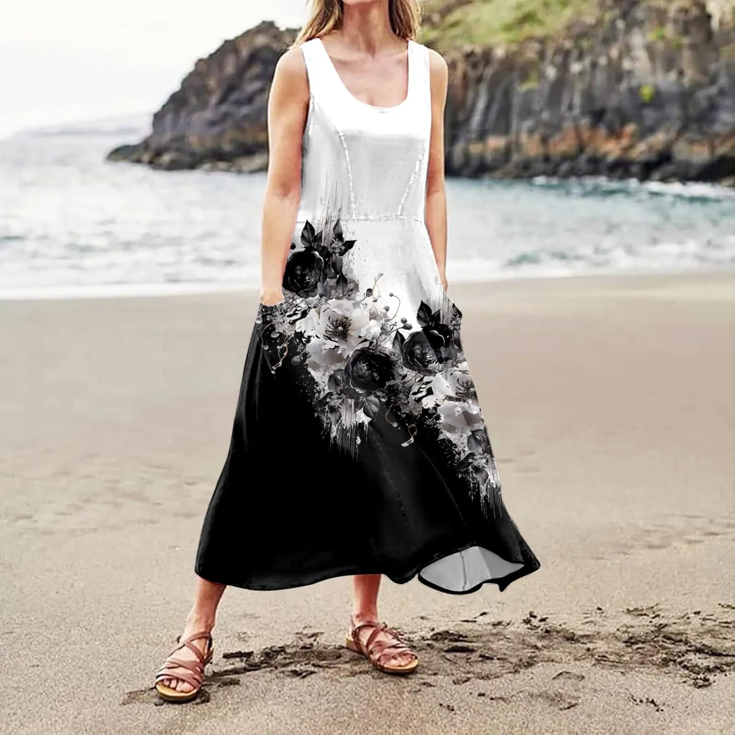 Summer Dresses for Women 2024 Vacation Linen Sleeveless Boho Floral Print Beach Sundress Casual Baggy Maxi Dress with Pockets