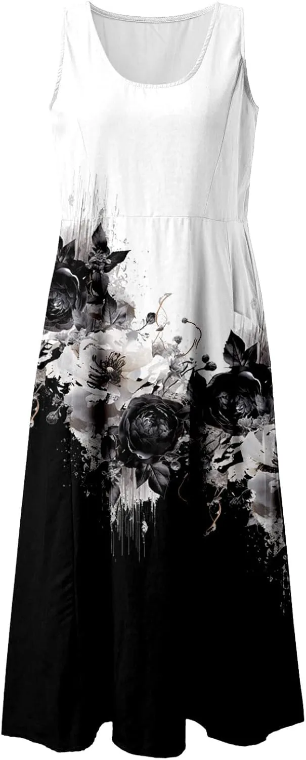 Summer Dresses for Women 2024 Vacation Linen Sleeveless Boho Floral Print Beach Sundress Casual Baggy Maxi Dress with Pockets