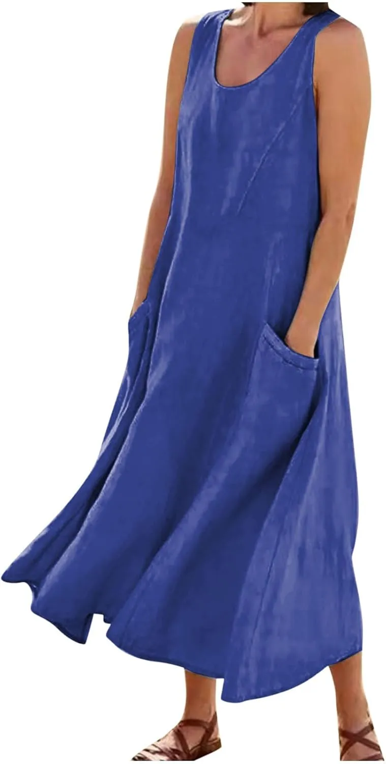 Summer Dresses for Women 2025 Spring Plus Size Linen Maxi Dress Sleeveless Crewneck Sundress Outfits Clothes