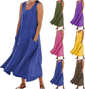 Summer Dresses for Women 2025 Spring Plus Size Linen Maxi Dress Sleeveless Crewneck Sundress Outfits Clothes