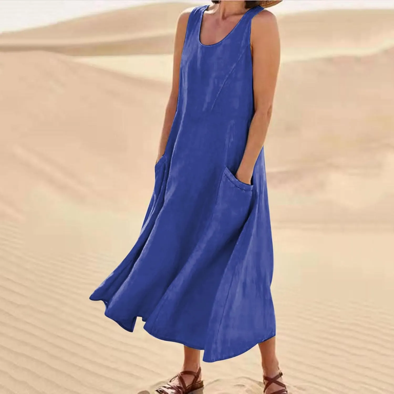 Summer Dresses for Women 2025 Spring Plus Size Linen Maxi Dress Sleeveless Crewneck Sundress Outfits Clothes