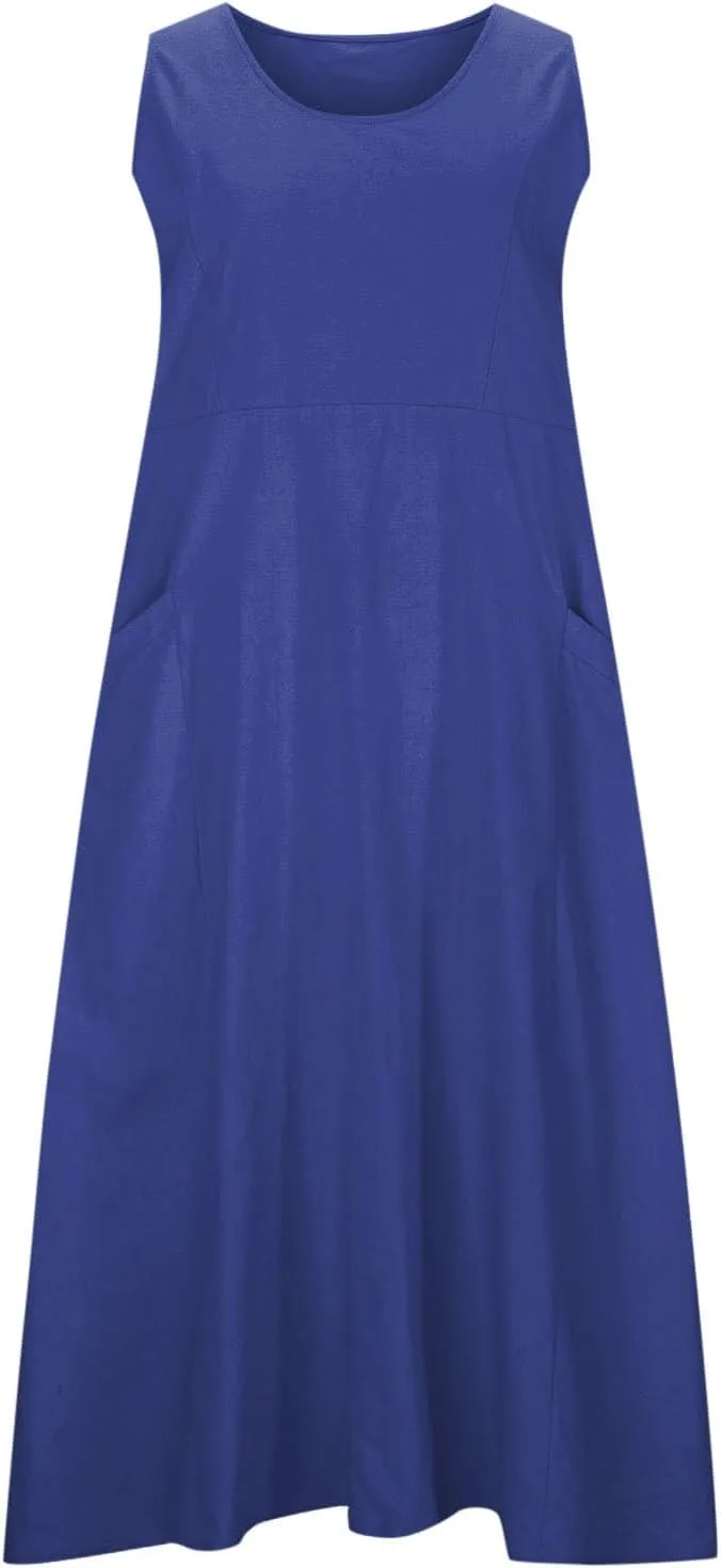 Summer Dresses for Women 2025 Spring Plus Size Linen Maxi Dress Sleeveless Crewneck Sundress Outfits Clothes