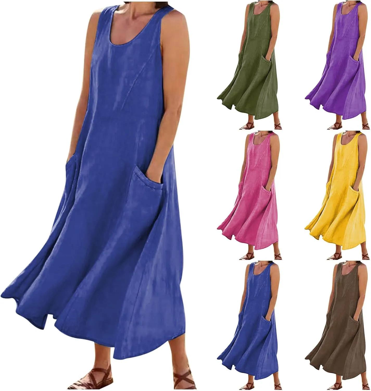 Summer Dresses for Women 2025 Spring Plus Size Linen Maxi Dress Sleeveless Crewneck Sundress Outfits Clothes