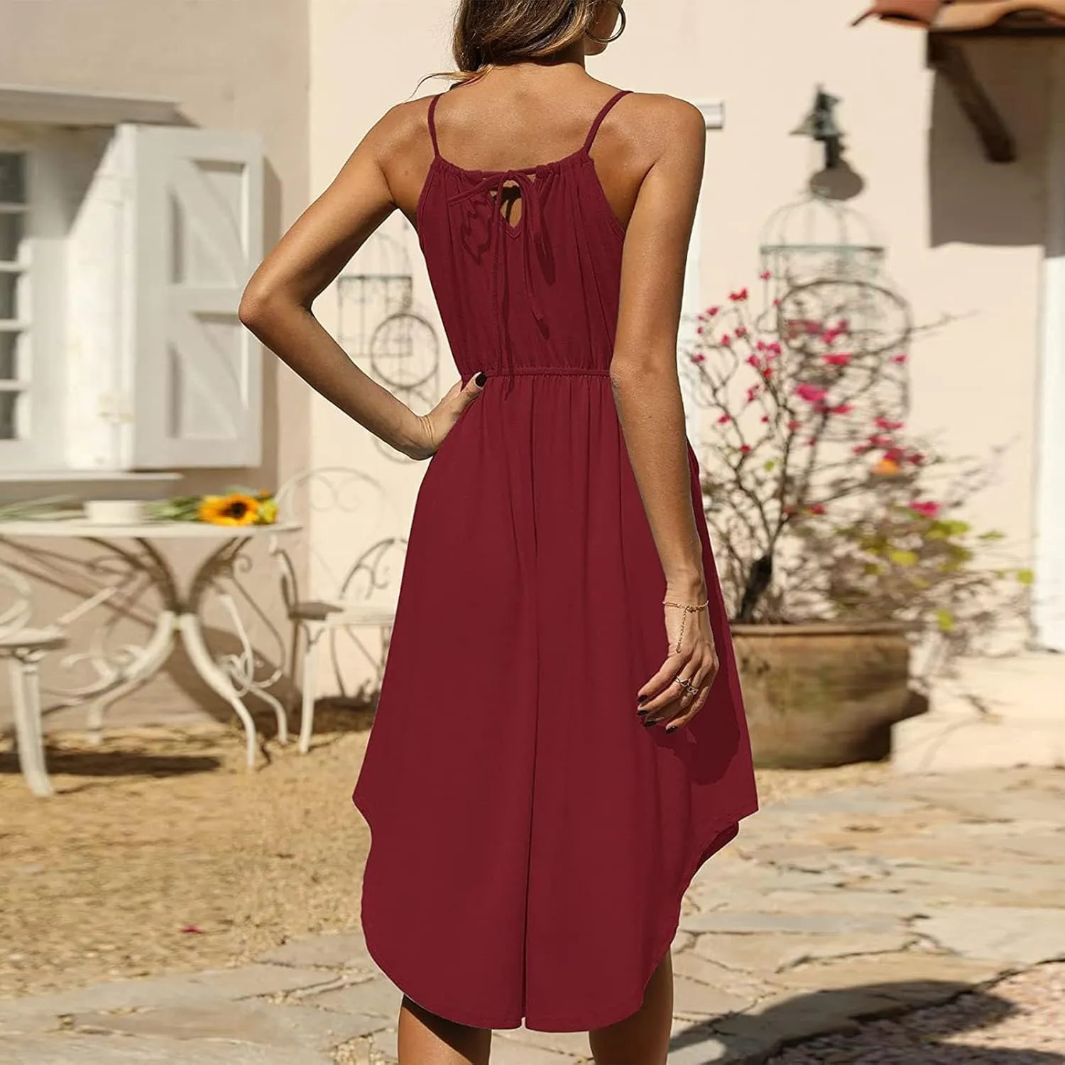 Summer Dresses for Women Solid Color Sleeveless Sexy Strap Dress Pleated Front Ruffle Irregular Hem Beach Dresses