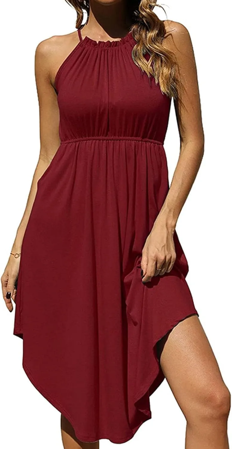 Summer Dresses for Women Solid Color Sleeveless Sexy Strap Dress Pleated Front Ruffle Irregular Hem Beach Dresses