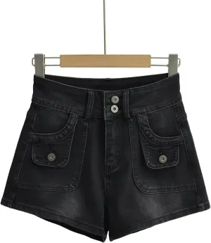 Summer Fashion Casual Women's Retro Workwear Pocket Design Made of Old Denim Shorts Hot Pants-Black-XL