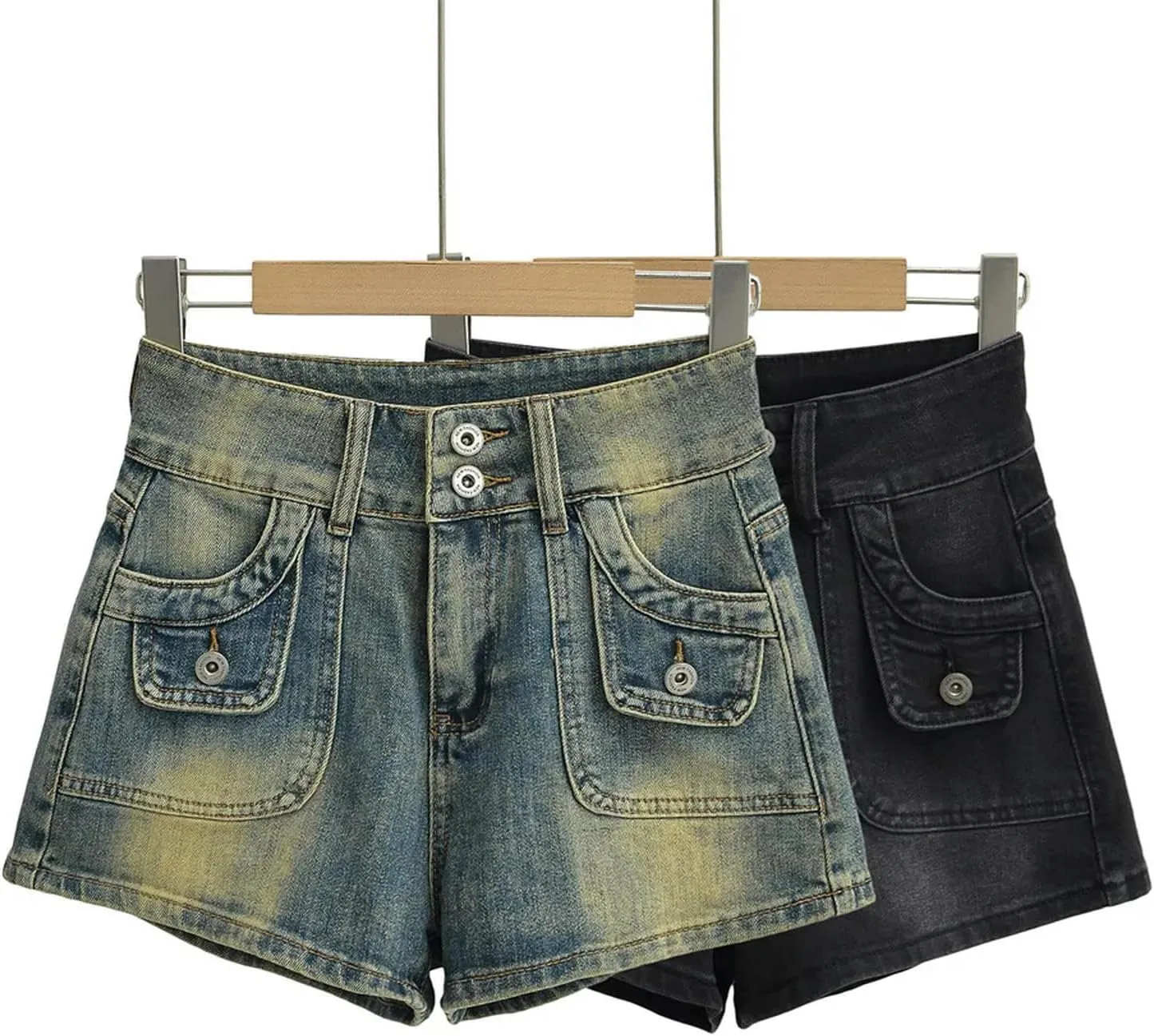 Summer Fashion Casual Women's Retro Workwear Pocket Design Made of Old Denim Shorts Hot Pants-Black-XL