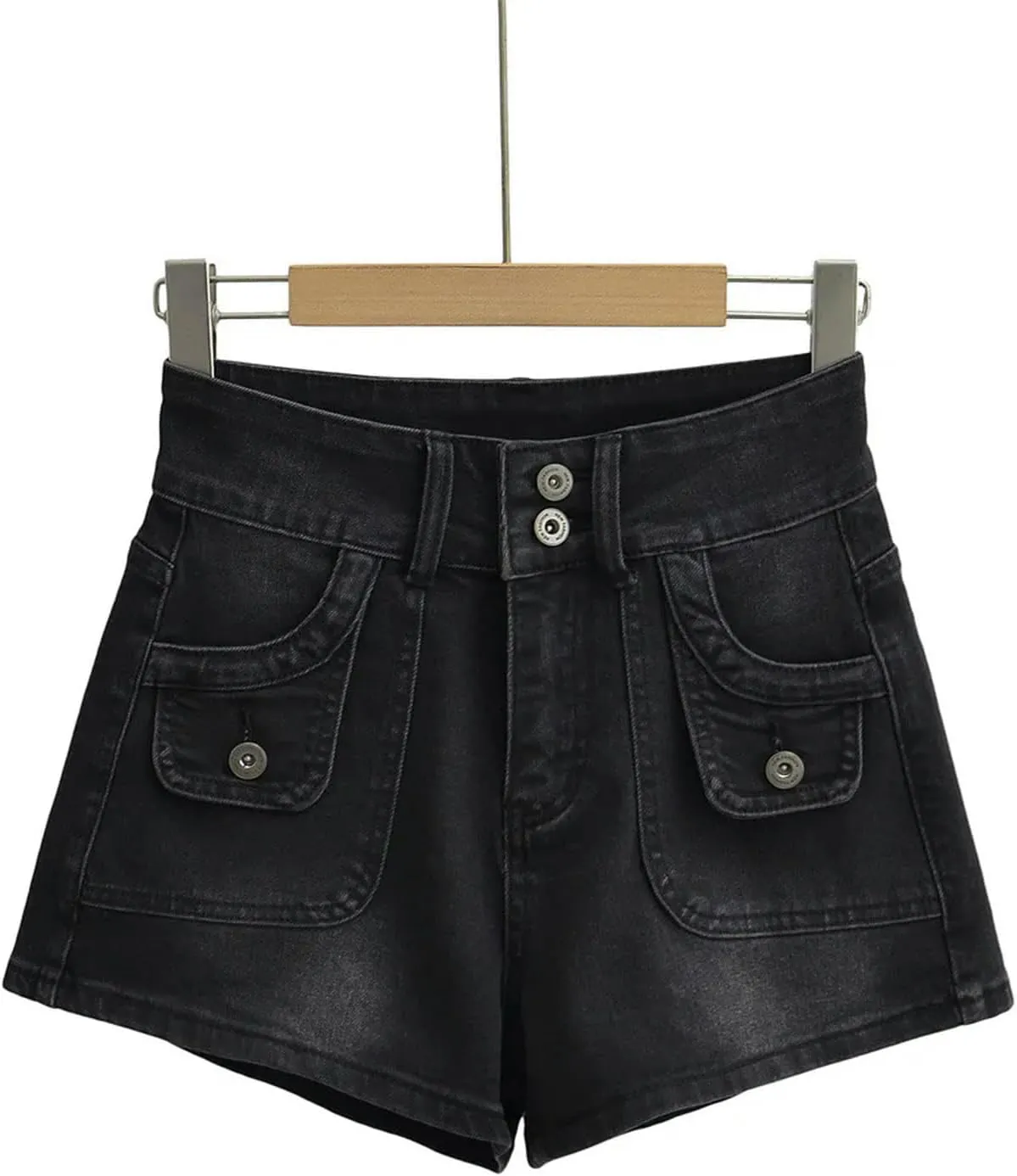 Summer Fashion Casual Women's Retro Workwear Pocket Design Made of Old Denim Shorts Hot Pants-Black-XL