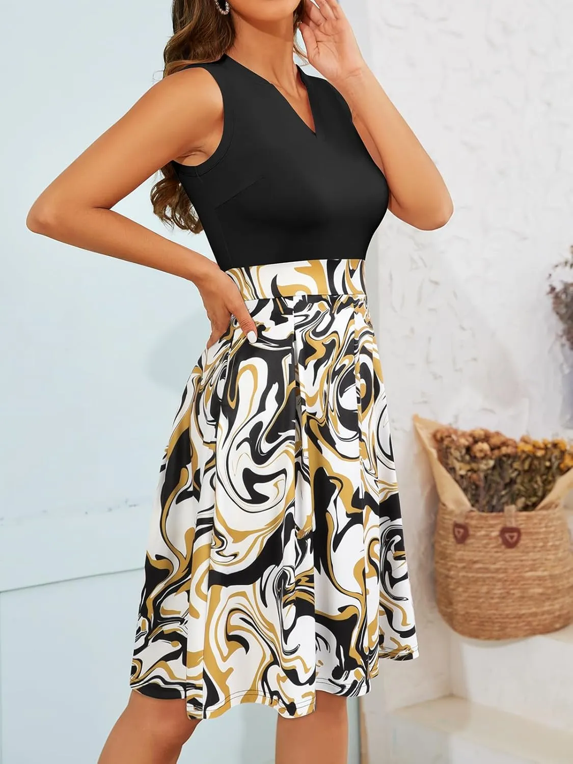 Sureple Fit and Flare Summer Dress for Women Casual for Church Knee Length Swing Sleeveless Dress with Pockets