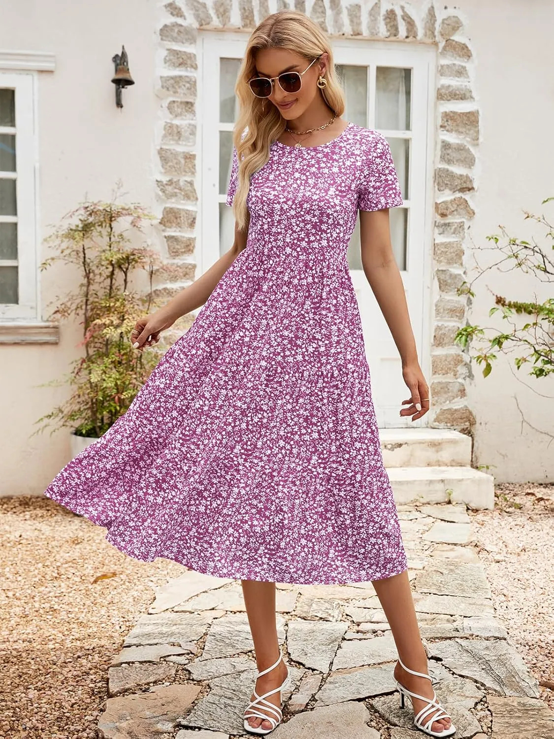 Sureple Spring Round Neck T Shirt Dress for Women Short Sleeve Midi Length,Swing Tiered Bobydoll Dresses with Pockets