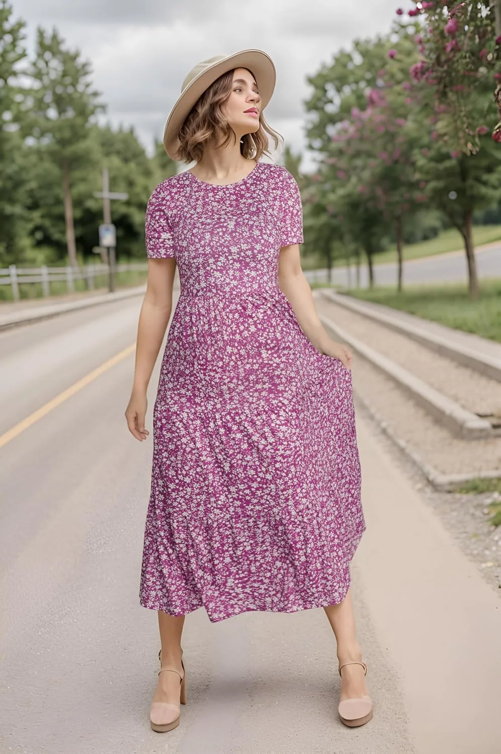 Sureple Spring Round Neck T Shirt Dress for Women Short Sleeve Midi Length,Swing Tiered Bobydoll Dresses with Pockets