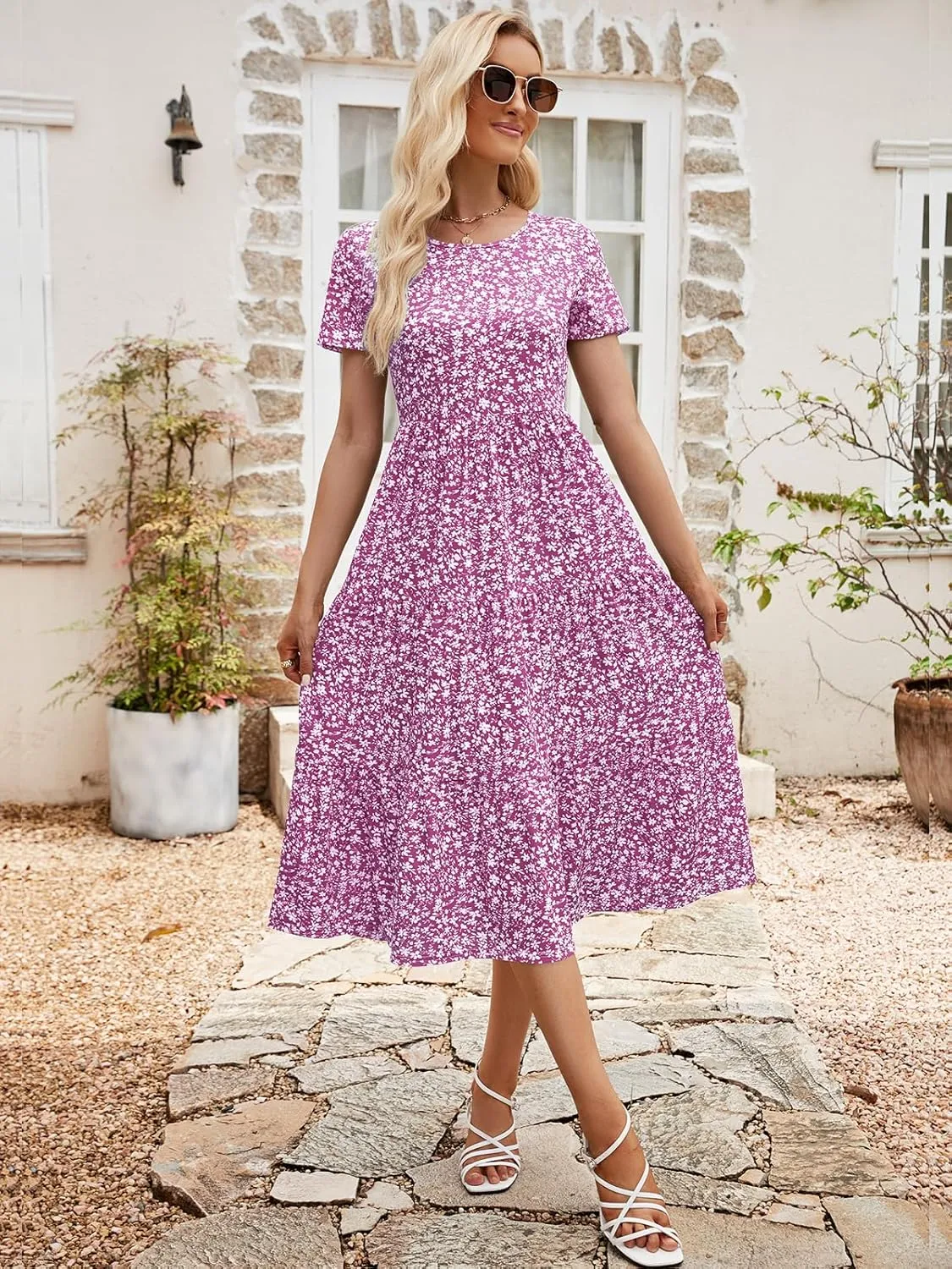 Sureple Spring Round Neck T Shirt Dress for Women Short Sleeve Midi Length,Swing Tiered Bobydoll Dresses with Pockets