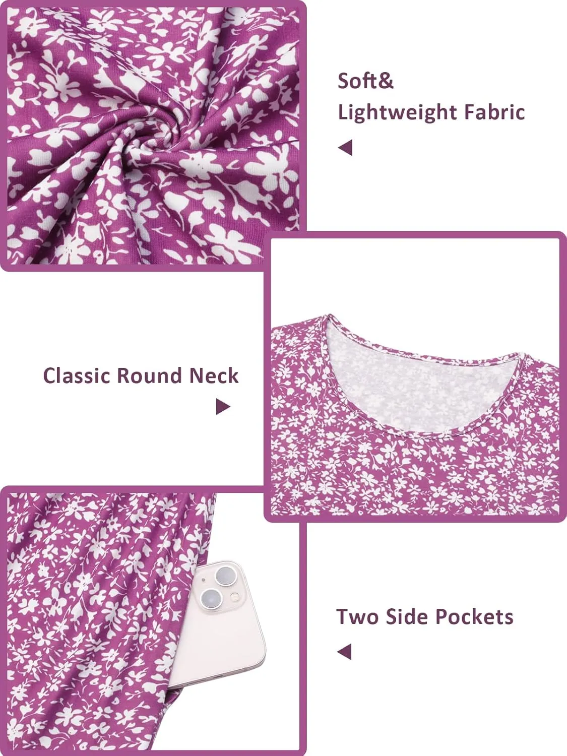 Sureple Spring Round Neck T Shirt Dress for Women Short Sleeve Midi Length,Swing Tiered Bobydoll Dresses with Pockets