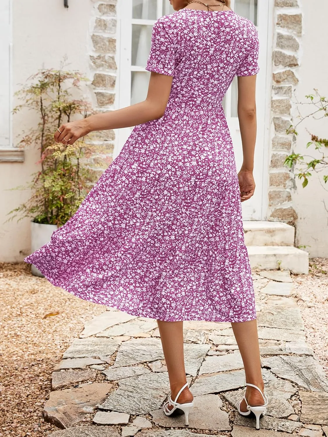 Sureple Spring Round Neck T Shirt Dress for Women Short Sleeve Midi Length,Swing Tiered Bobydoll Dresses with Pockets