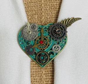 Sweater Clips Steampunk Clock Sweater Clip Scarf Watch Shawl Clasp Cardigan Clasp Heart Brooch Cosplay Cloak Fasteners Gifts for Her
