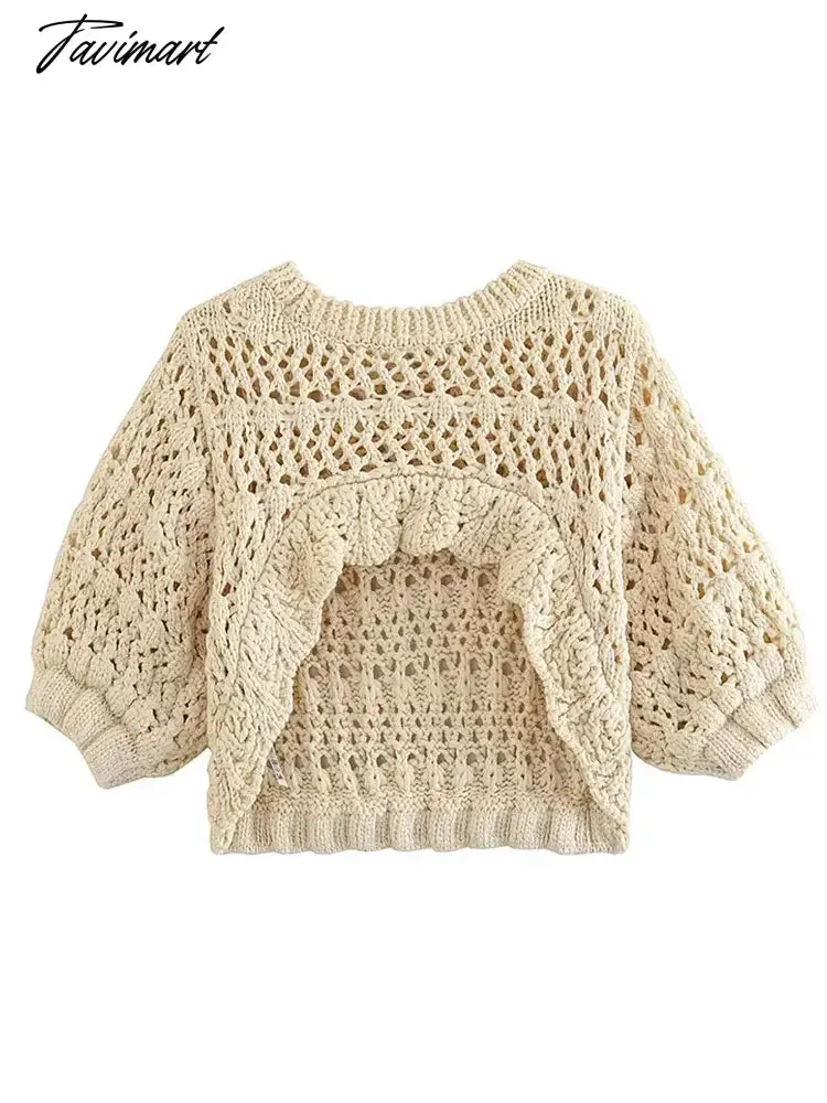 TAVIMART  -  Backless Knit Crochet Short Sleeve Tops Women O-neck Solid Elegant Female Pullovers Autumn Casual Y2K Streetwear Sweaters
