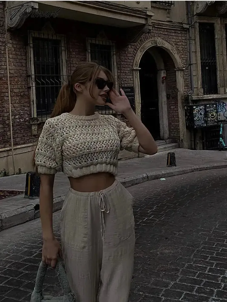 TAVIMART  -  Backless Knit Crochet Short Sleeve Tops Women O-neck Solid Elegant Female Pullovers Autumn Casual Y2K Streetwear Sweaters