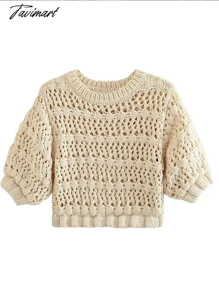 TAVIMART  -  Backless Knit Crochet Short Sleeve Tops Women O-neck Solid Elegant Female Pullovers Autumn Casual Y2K Streetwear Sweaters