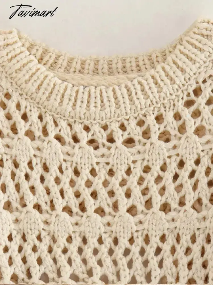 TAVIMART  -  Backless Knit Crochet Short Sleeve Tops Women O-neck Solid Elegant Female Pullovers Autumn Casual Y2K Streetwear Sweaters