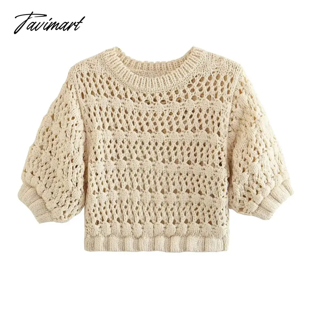 TAVIMART  -  Backless Knit Crochet Short Sleeve Tops Women O-neck Solid Elegant Female Pullovers Autumn Casual Y2K Streetwear Sweaters