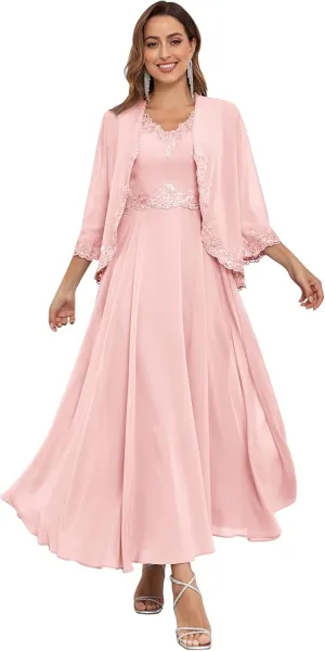 Tea Length 2 Pieces Mother of The Bride Dress with Jacket 3/4 Sleeve Lace Chiffon Evening Formal Dresses for Wedding
