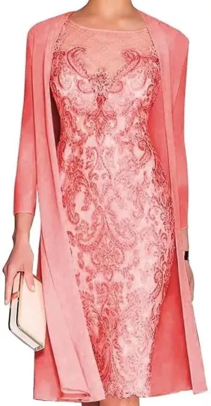 Tea Length Mother of The Bride Dresses for Wedding with Jacket Chiffon Lace Wedding Guest Dress for Women