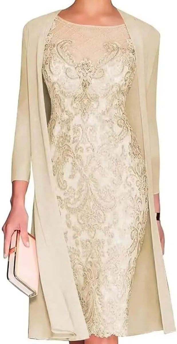 Tea Length Mother of The Bride Dresses for Wedding with Jacket Chiffon Lace Wedding Guest Dress for Women