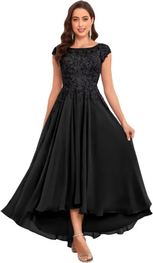 Tea Length Mother of The Bride Dresses for Women Lace Chiffon Wedding Formal Mother Groom Dress with Pockets