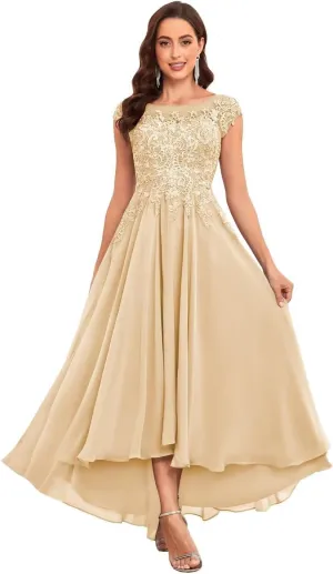 Tea Length Mother of The Bride Dresses for Women Lace Chiffon Wedding Formal Mother Groom Dress with Pockets