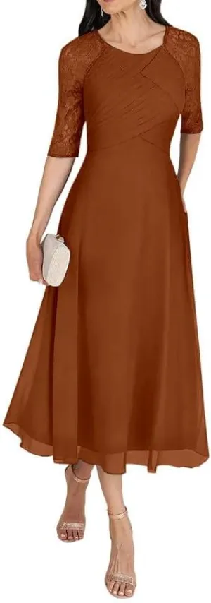 Tea Length Mother of The Bride Dresses with Sleeves Lace Chiffon Pleated A-Line Wedding Guest Evening Dresses