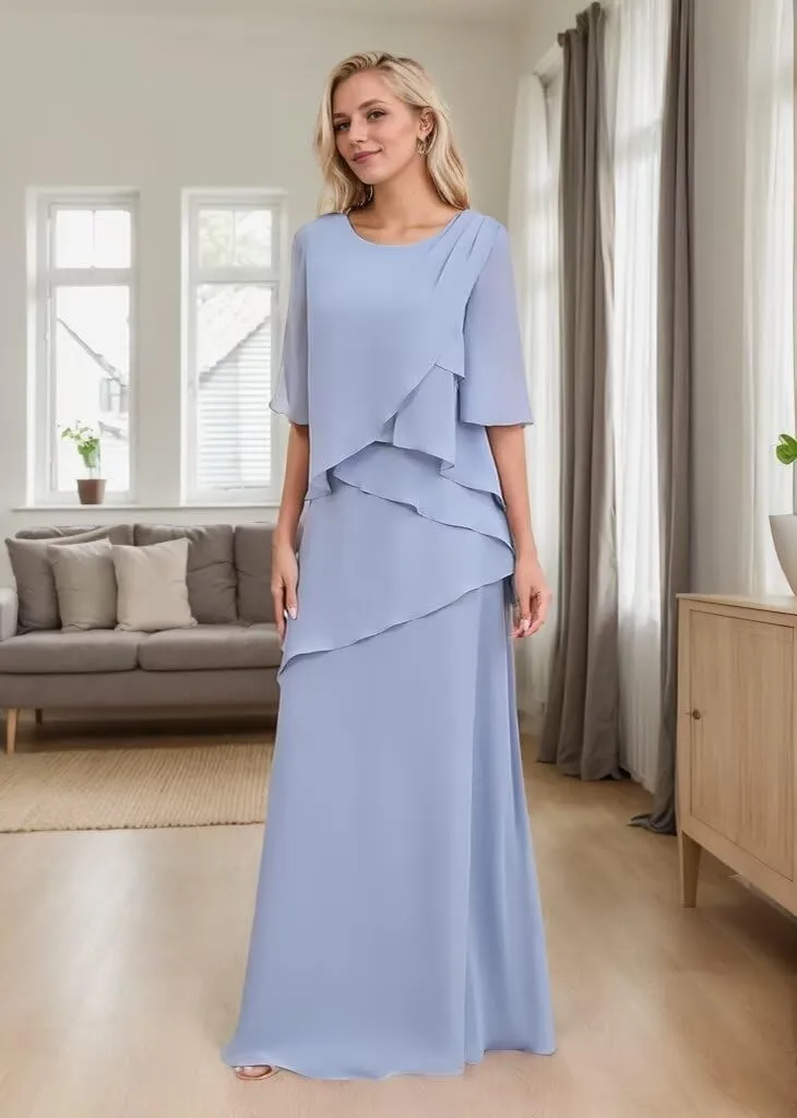 Tiered Mother of The Bride Dresses for Women 3/4 Sleeve Chiffon Crew Neck Long Formal Mother of The Groom Gown