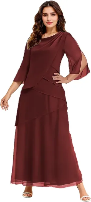 Tiered Mother of The Bride Dresses for Women 3/4 Sleeve Chiffon Crew Neck Long Formal Mother of The Groom Gown