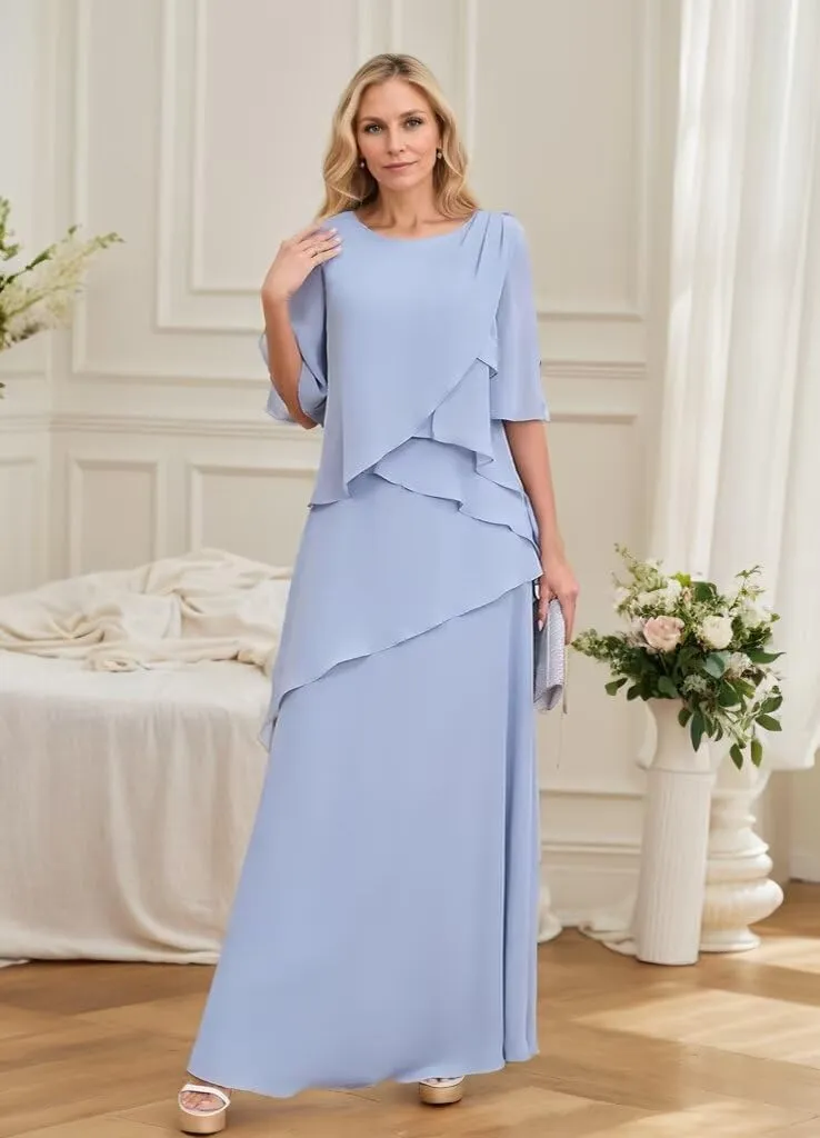 Tiered Mother of The Bride Dresses for Women 3/4 Sleeve Chiffon Crew Neck Long Formal Mother of The Groom Gown