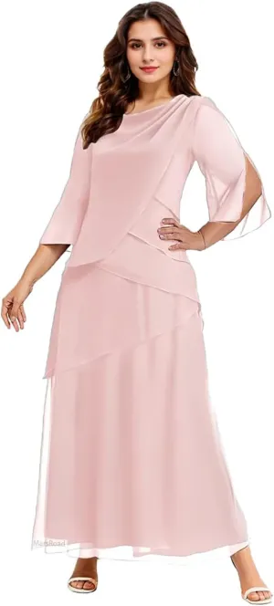 Tiered Mother of The Bride Dresses for Women 3/4 Sleeve Chiffon Crew Neck Long Formal Mother of The Groom Gown