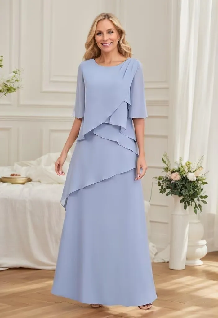 Tiered Mother of The Bride Dresses for Women 3/4 Sleeve Chiffon Crew Neck Long Formal Mother of The Groom Gown