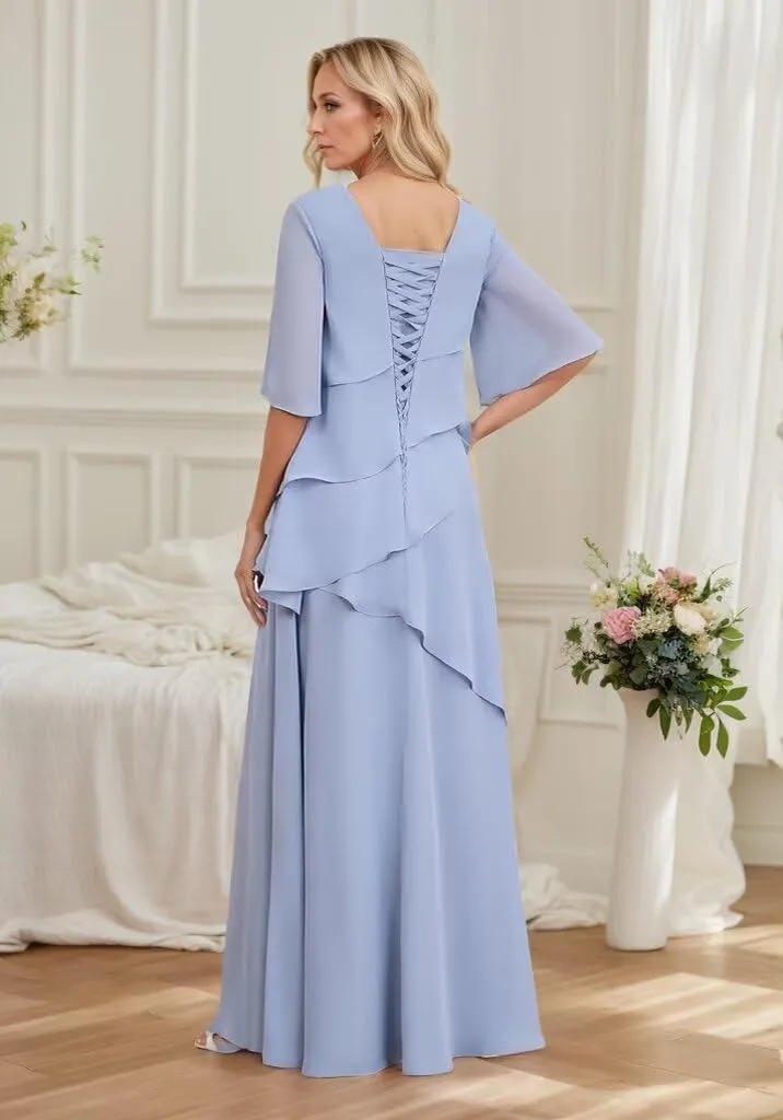 Tiered Mother of The Bride Dresses for Women 3/4 Sleeve Chiffon Crew Neck Long Formal Mother of The Groom Gown