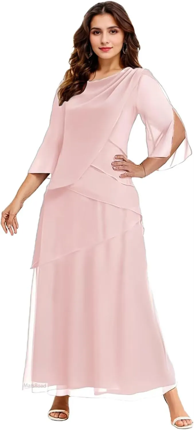 Tiered Mother of The Bride Dresses for Women 3/4 Sleeve Chiffon Crew Neck Long Formal Mother of The Groom Gown