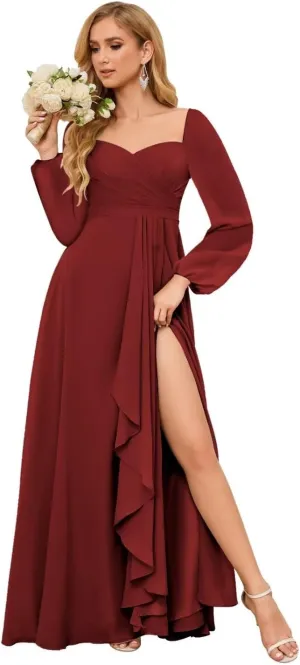 TORYEMY Chiffon Long Sleeve Bridesmaid Dresses with Slit Formal Evening Dresses for Wedding