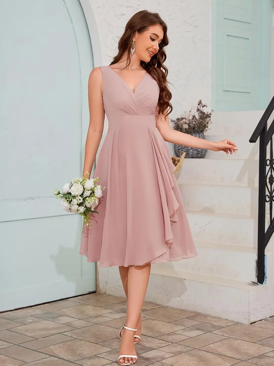 TORYEMY Short Bridesmaid Dresses Chiffon V Neck Ruffle Formal Evening Dresses Ruched for Wedding