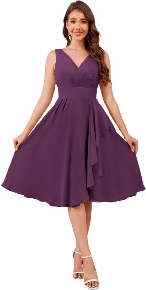 TORYEMY Short Bridesmaid Dresses Chiffon V Neck Ruffle Formal Evening Dresses Ruched for Wedding