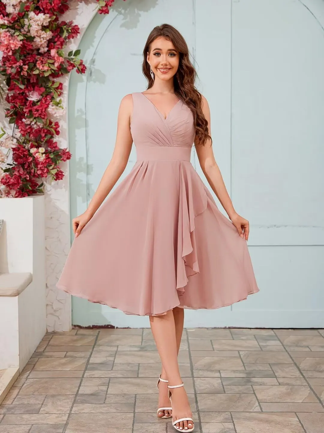 TORYEMY Short Bridesmaid Dresses Chiffon V Neck Ruffle Formal Evening Dresses Ruched for Wedding