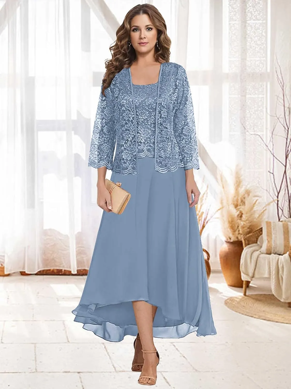 Two Piece Mother of The Bride Dresses with Jacket Lace Chiffon A Line Long Formal Wedding Guest Dress