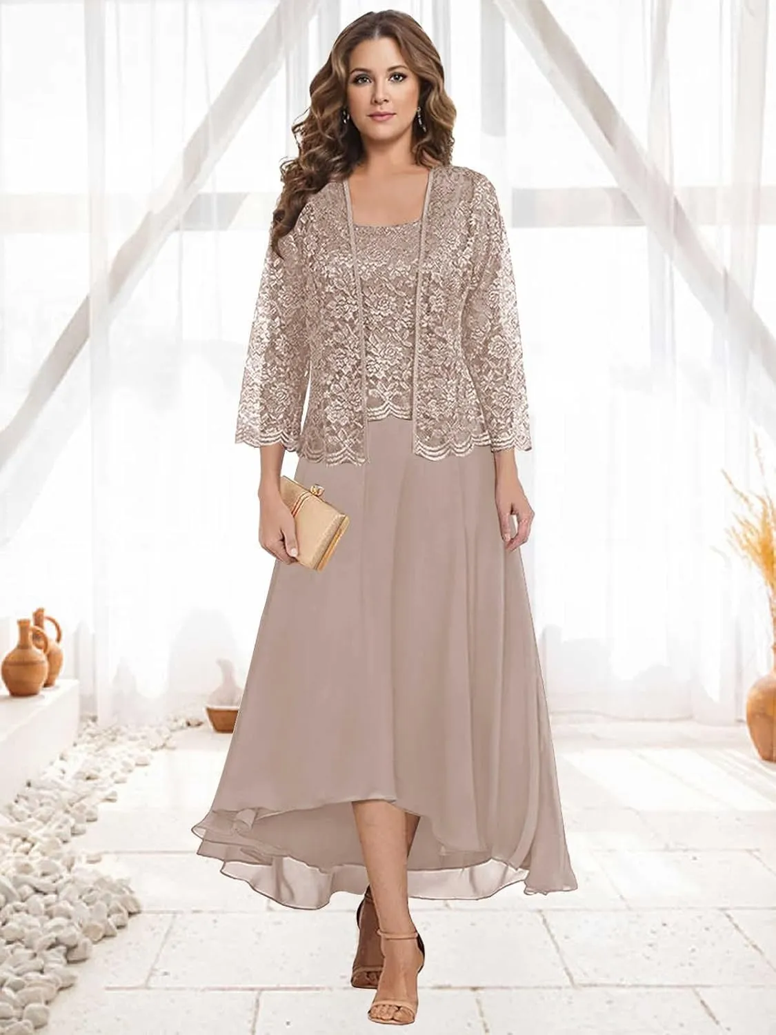 Two Piece Mother of The Bride Dresses with Jacket Lace Chiffon A Line Long Formal Wedding Guest Dress