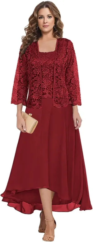 Two Piece Mother of The Bride Dresses with Jacket Lace Chiffon A Line Long Formal Wedding Guest Dress